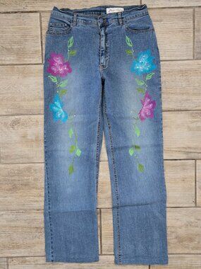 Lana Erica Embroidered Flower Sequined Straight Leg Jeans Women Boho Stretchy 8